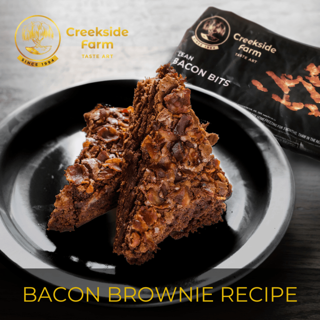 Bacon brownie slices on a dark plate